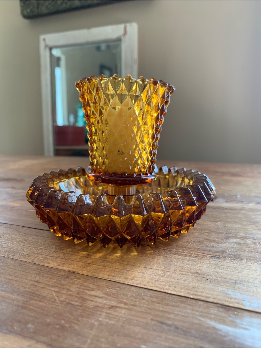 Vintage Indiana Glass Amber Hobnail Candle Holder and Tray